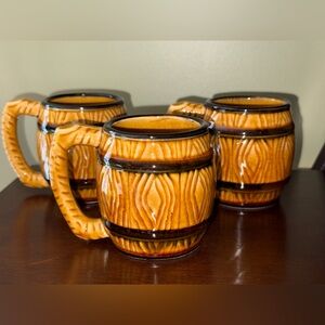 Brown Wood Barrel Set 3 Ceramic Coffee Tea Mug Cup Hand Painted Vintage